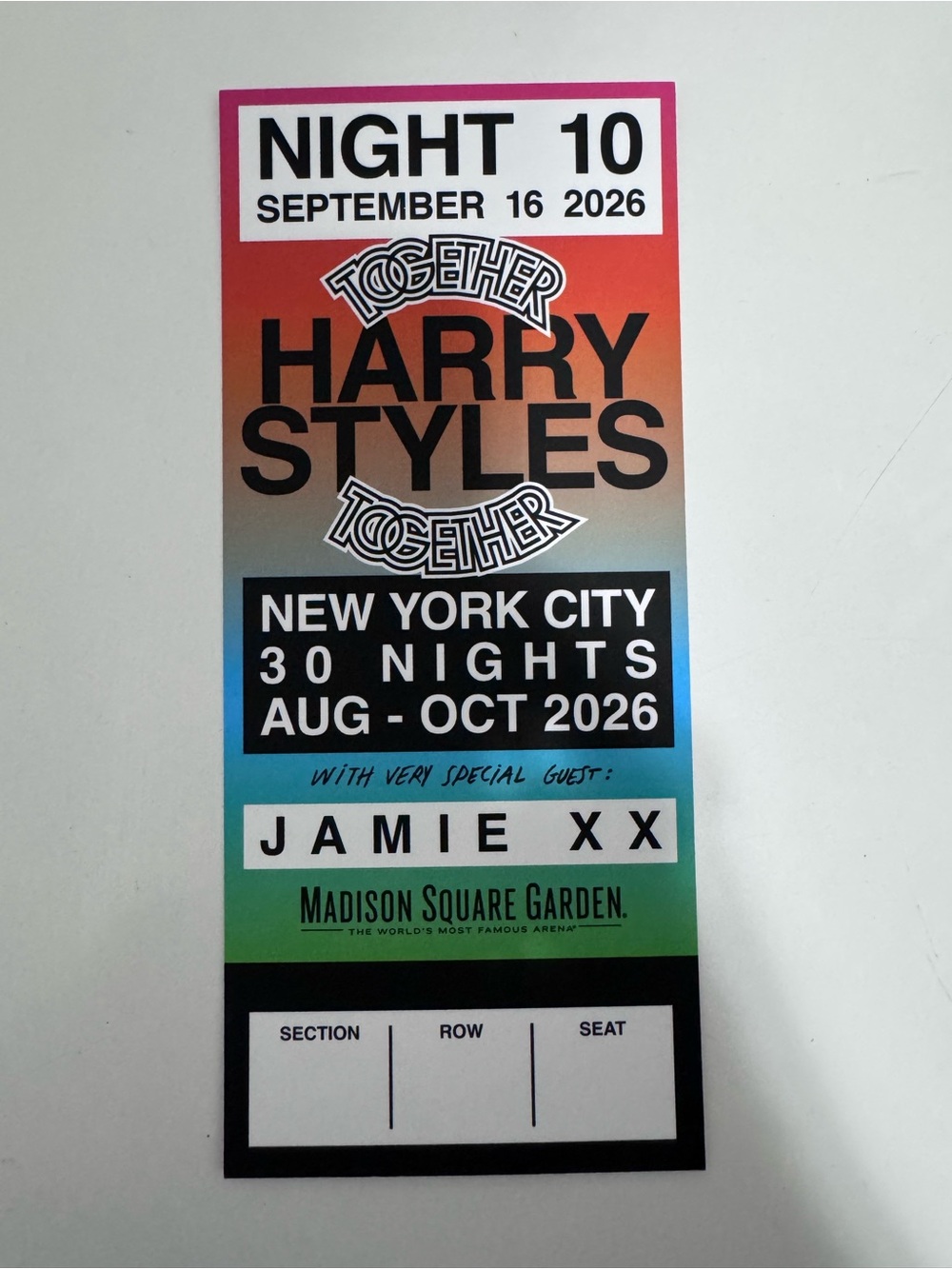 Harry Styles Commemorative MSG Ticket Night 10